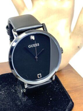 Guess Men's Watch U1315G3 Quartz Black Dial Stainless Steel Leather Strap 44mm